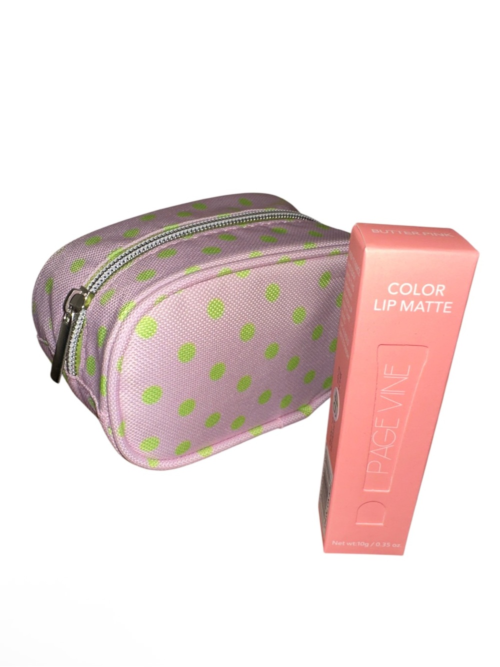 The Creme Shop Lavender Polka Dot Cosmetic Pouch with Green Dots & matte Lippy
